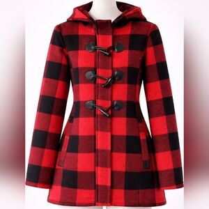 Madden Girl Red Black Buffalo Plaid Pea Coat Toggle Zip Closure Cabin Core Med